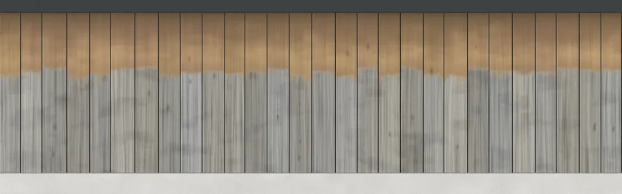 Illustration of untreated timber cladding after two winters. The lower, exposed boards have turned silver grey and the boards under the eave are still brown.